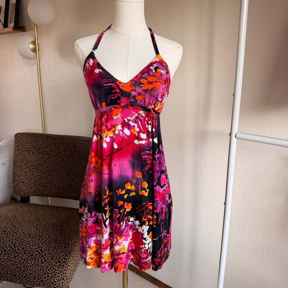 Express Halter Dress Size S Pink Floral Print Babydoll Mini Sundress